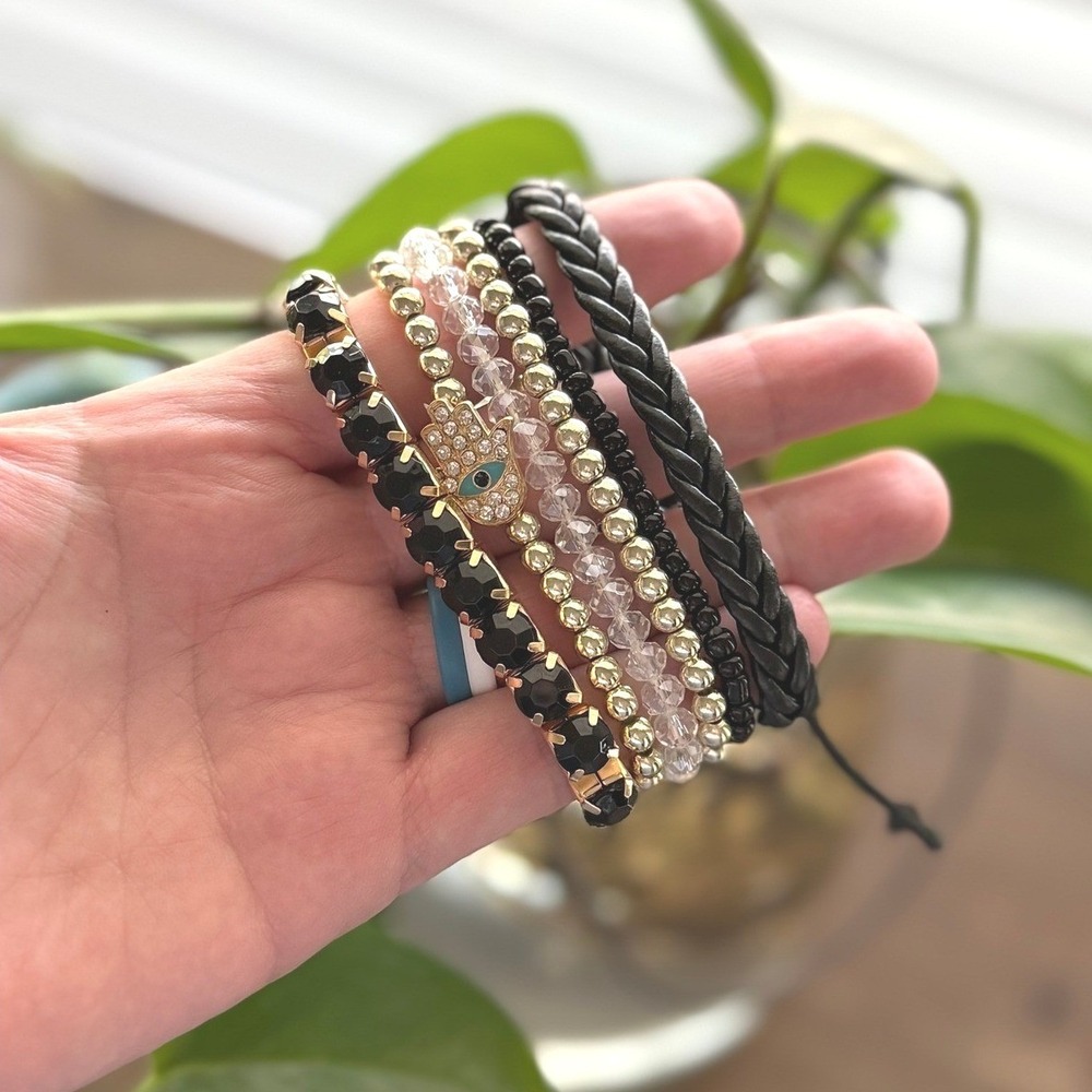 Boho Stackable Beaded Bracelets Set 6 Hamsa Evil Eye Charm Women Layered Boho